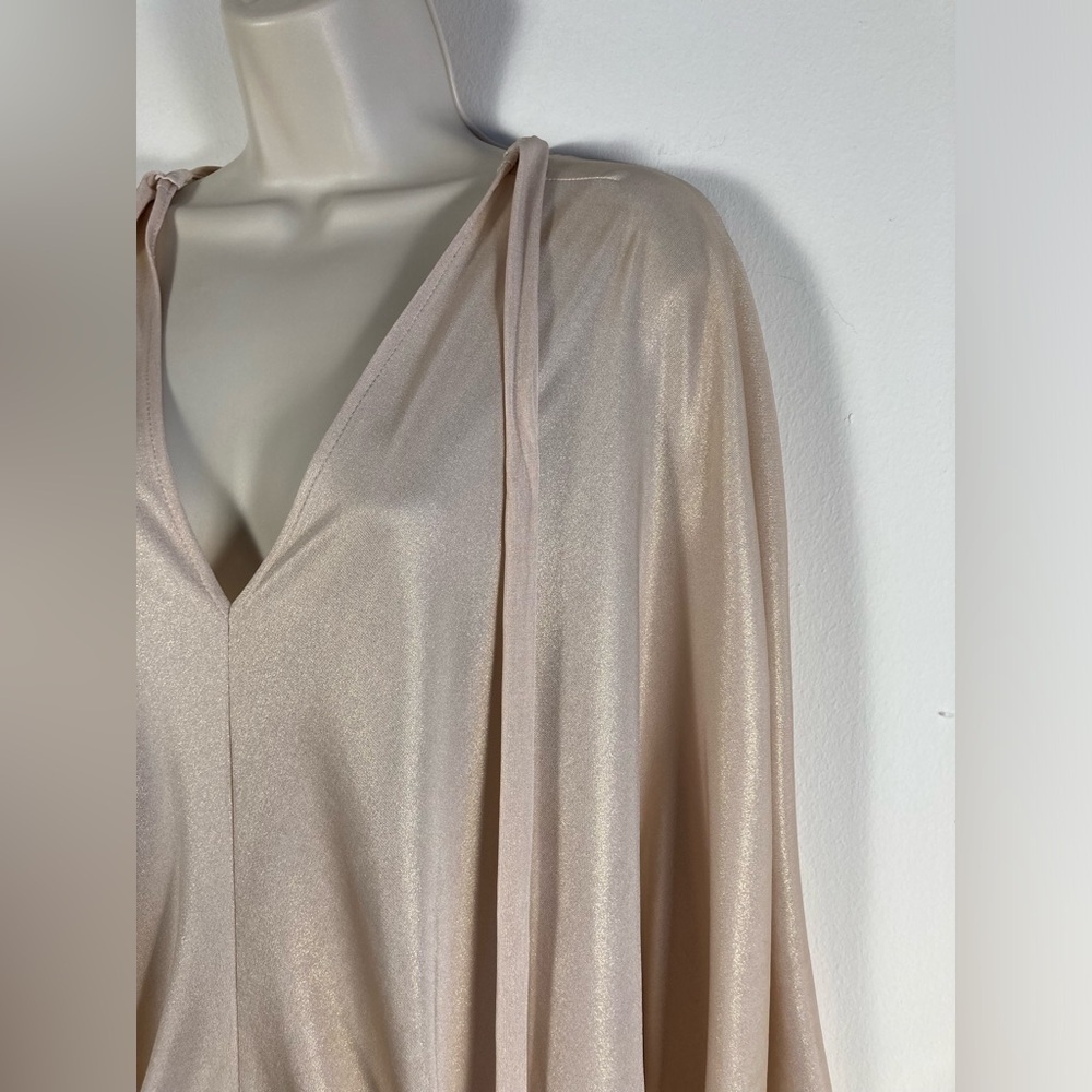 Julian Chang Tunic Top XL Champagne Shimmer Dolman Sleeve Tie Neck - Picture 6 of 10